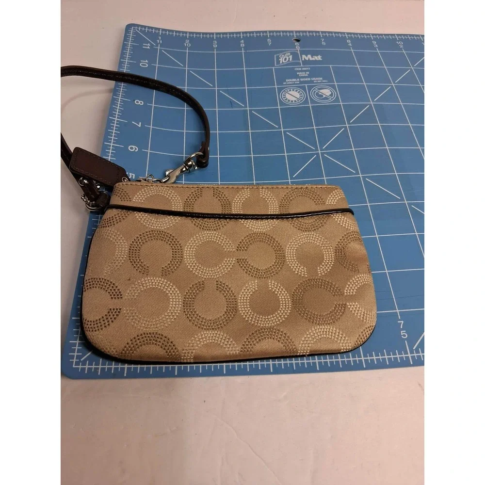 Coach‎ Monogram Wristlet Pouch Tan Brown Signature C Logo Leather Trim Zip
